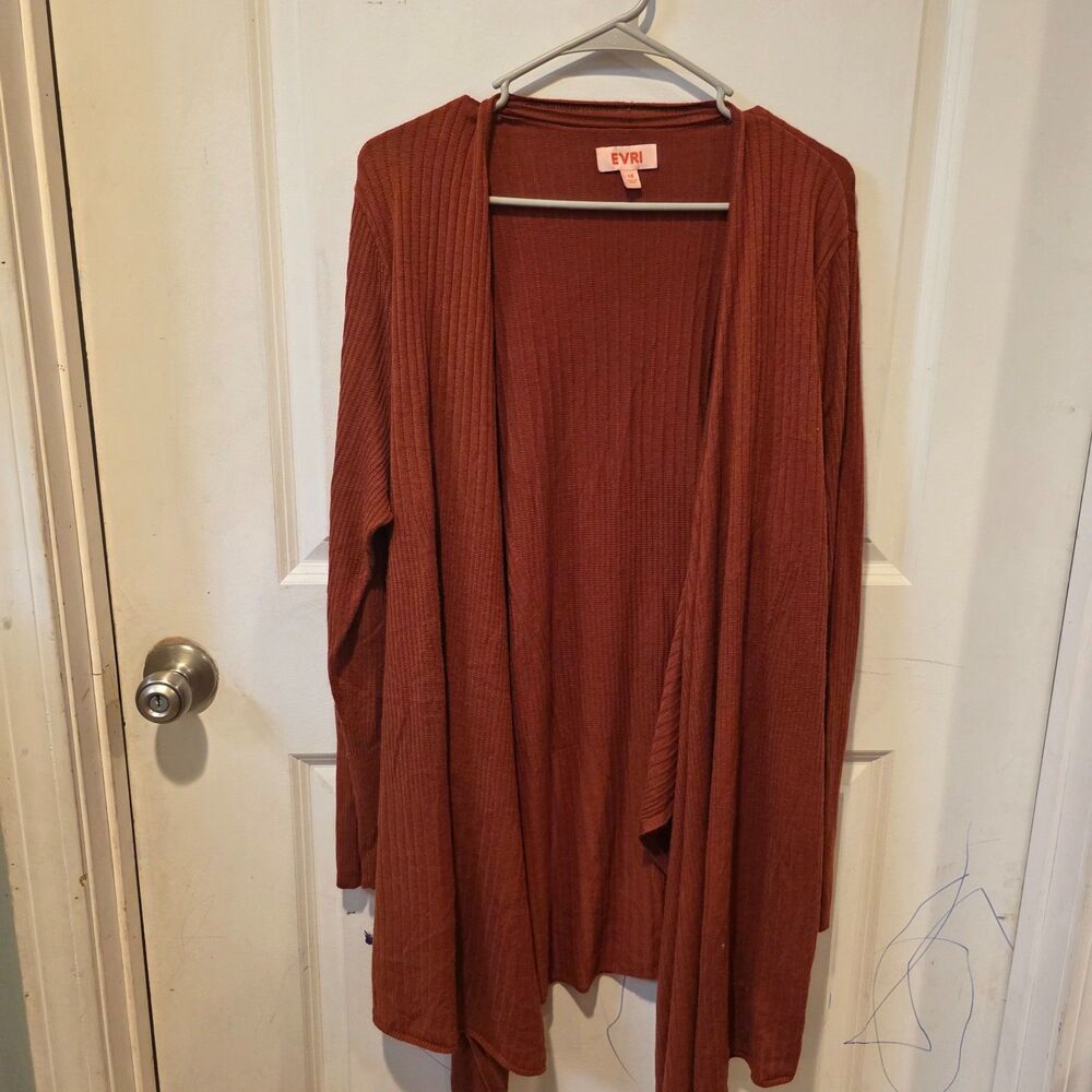 EVRI Women's Ribbed Open Front Longline Cardigan Rust Brown 1X